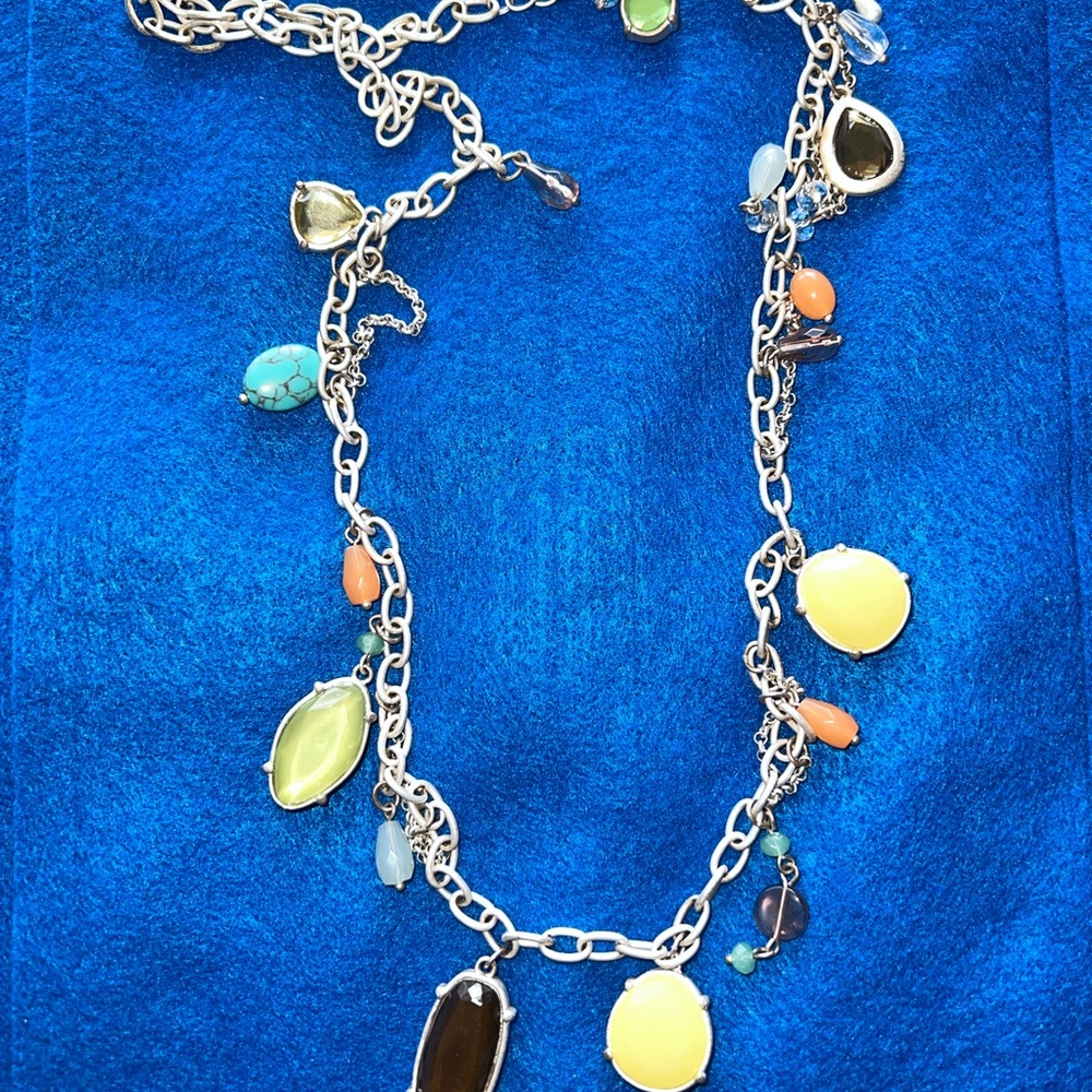 Lia Sophia silvertone necklace with multi-colored stones.